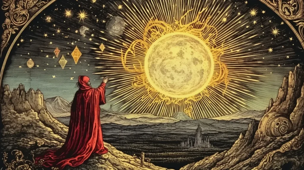 Seeker in red cloak pointing towards a radiant sun amidst a cosmos-studded sky, symbolizing the quest for enlightenment.