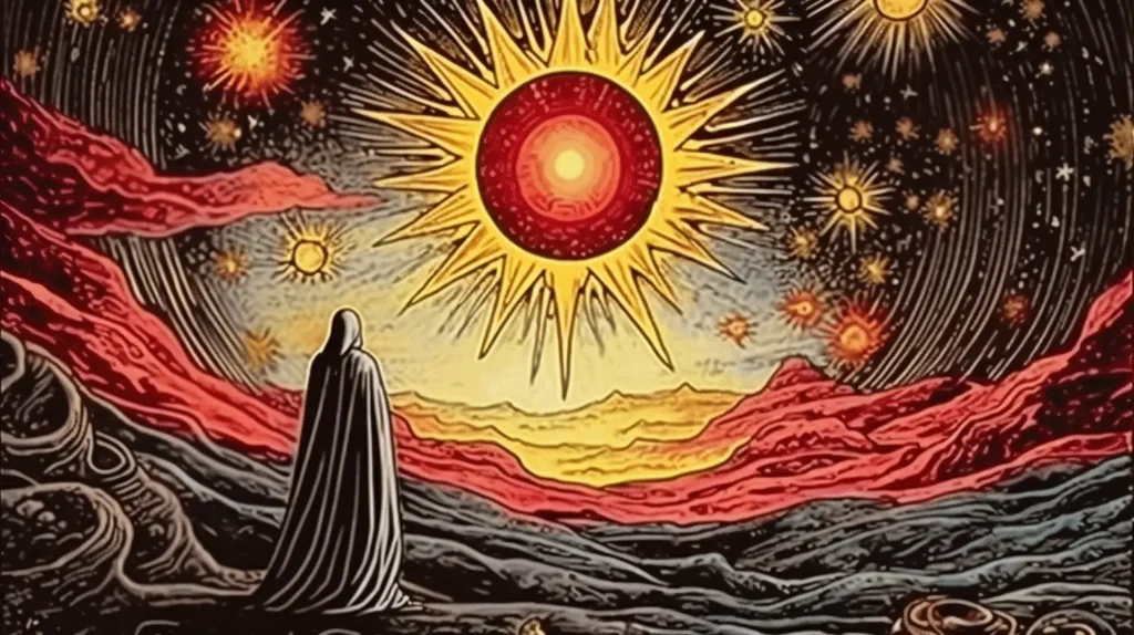 A figure cloaked in red gazes at a radiant, stylized sun amidst a cosmic backdrop, symbolizing enlightenment and the expansion of consciousness.