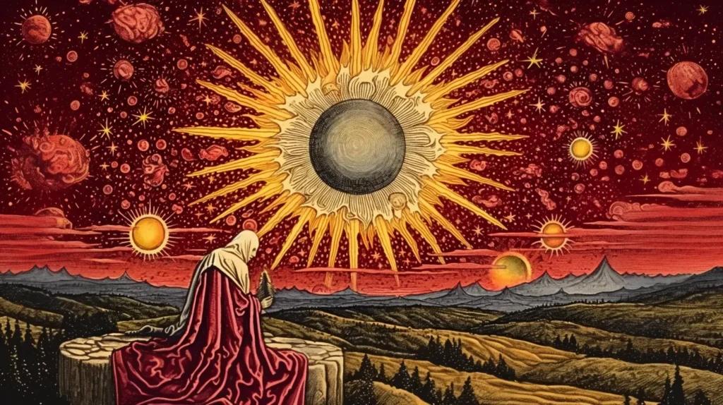 A figure cloaked in red gazes at a radiant, stylized sun amidst a cosmic backdrop, symbolizing enlightenment and the expansion of consciousness.